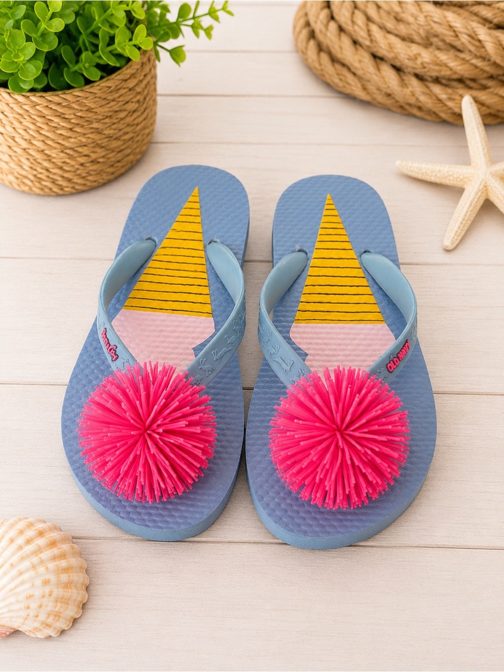 Kids Blue Flip-Flops with Pink Pom Stretchy Ball Accent